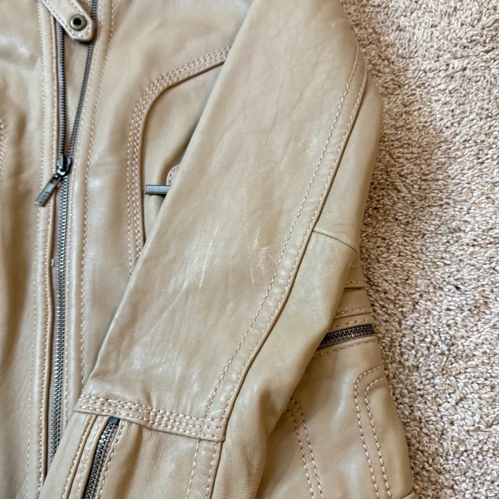 Michael Kors Leather Jacket Women L Tan Beige Vintage Y2K Moto Biker Zip Pocket